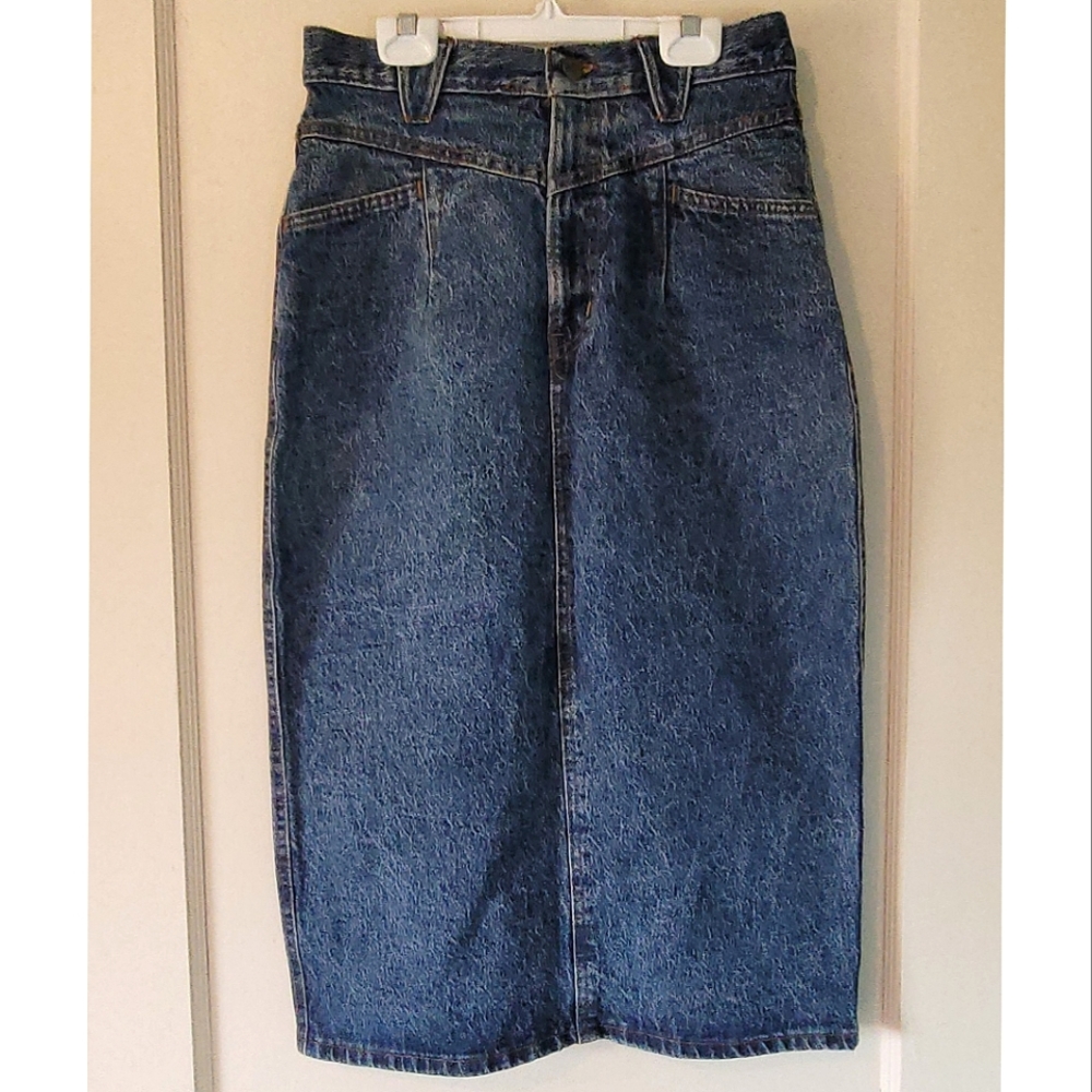 Chic Vintage Dark Wash Denim Midi Straight Slit Skirt Size 11